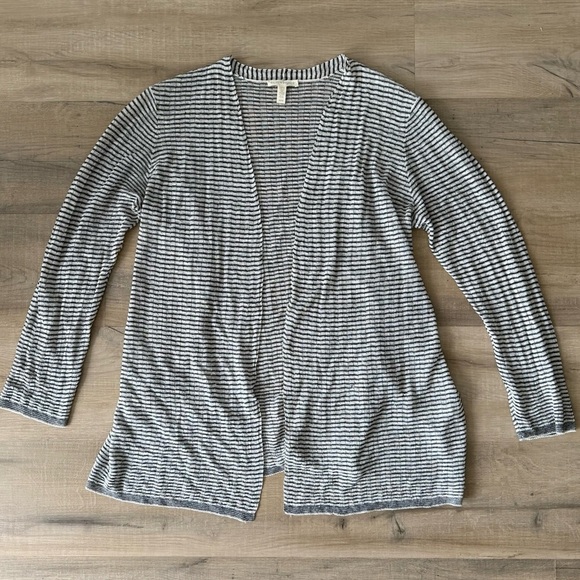 Eileen Fisher black & white stripe linen open front cardigan - Medium - Picture 5 of 6